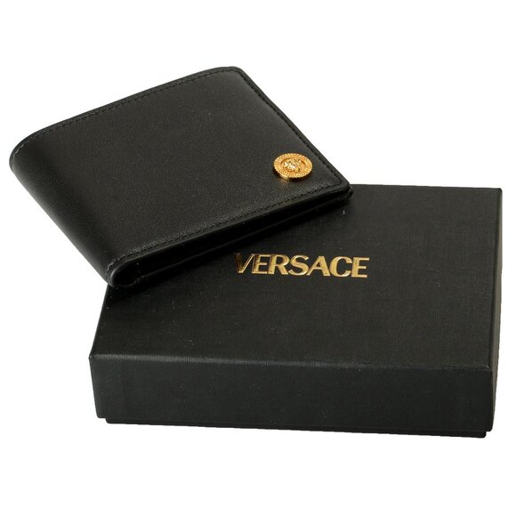 Versace Black Textured 100% Leather Gold Medusa Head Bifold Wallet - Picture 1 of 6